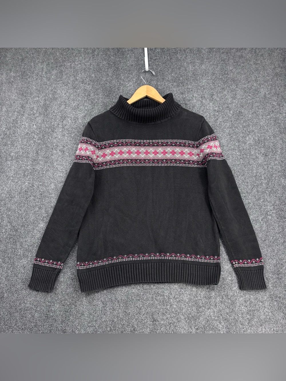 VTG North Crest Cabincore Black Fair Isle Turtleneck Sweater 100% Cotton Size M